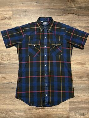 Western Short-Sleeve Plaid Shirt - Blue/Mustard Dee Cee Ranger 80s Pearl Snap